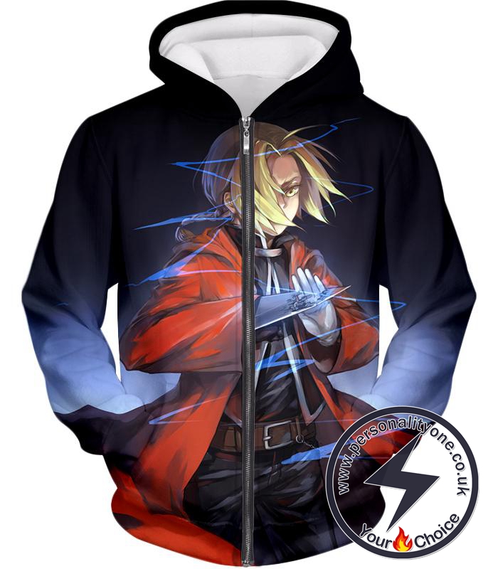 Fullmetal Alchemist Edward Elrich Best State Alchemist Cool Alchemy Action Pose Black Zip Up Hoodie